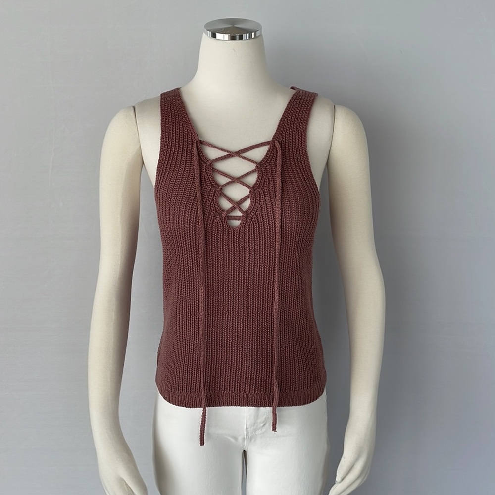 NWOT Love Tree Knit Tank Lace up Small - Picture 2 of 10